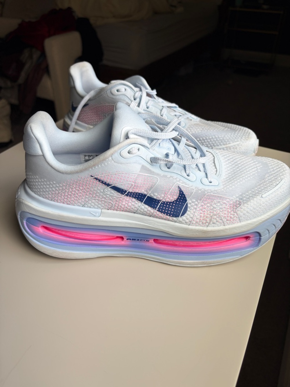 Nike White Air Zoom with Navy Swoosh and Pink LED Accent